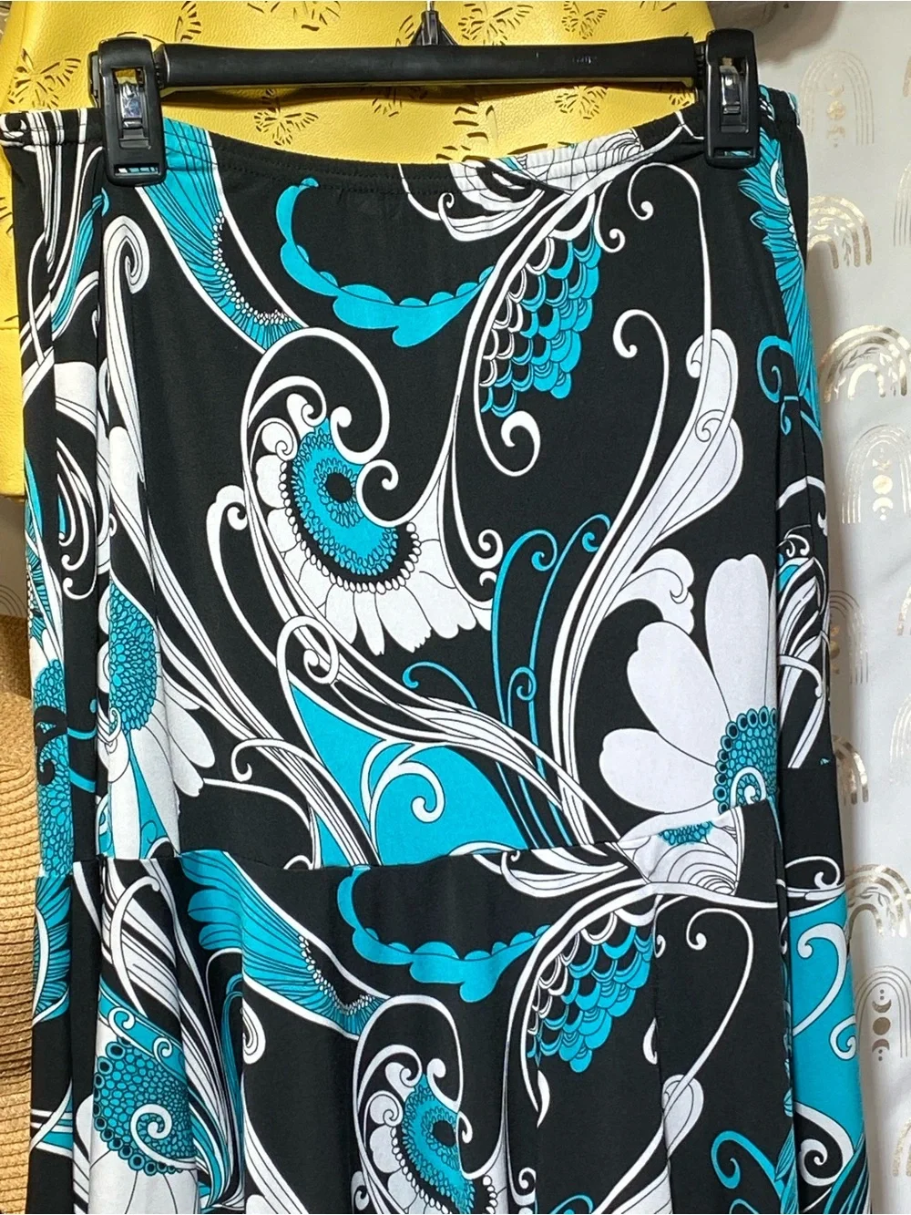 Carol Rose Black Teal White Floral Maxi Skirt